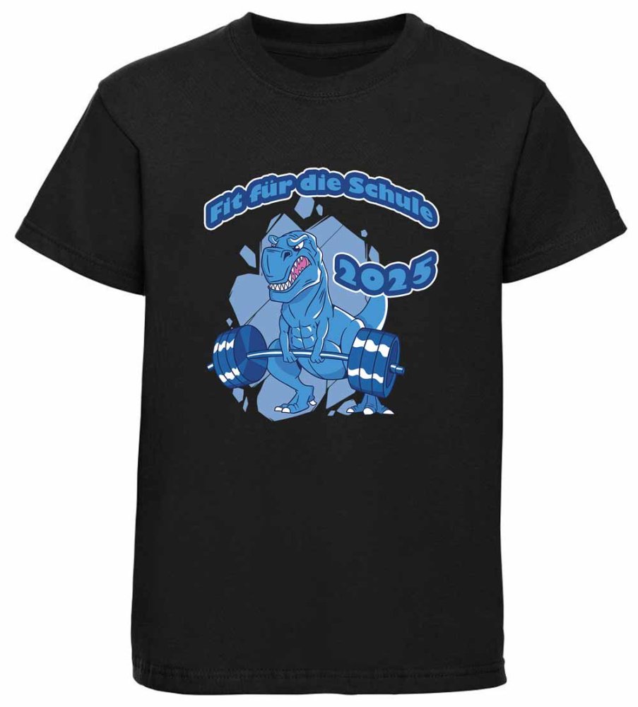 Bedrucktes Kinder T-Shirt „Fit for school und Tyrannosaurus Rex mit Hantel“